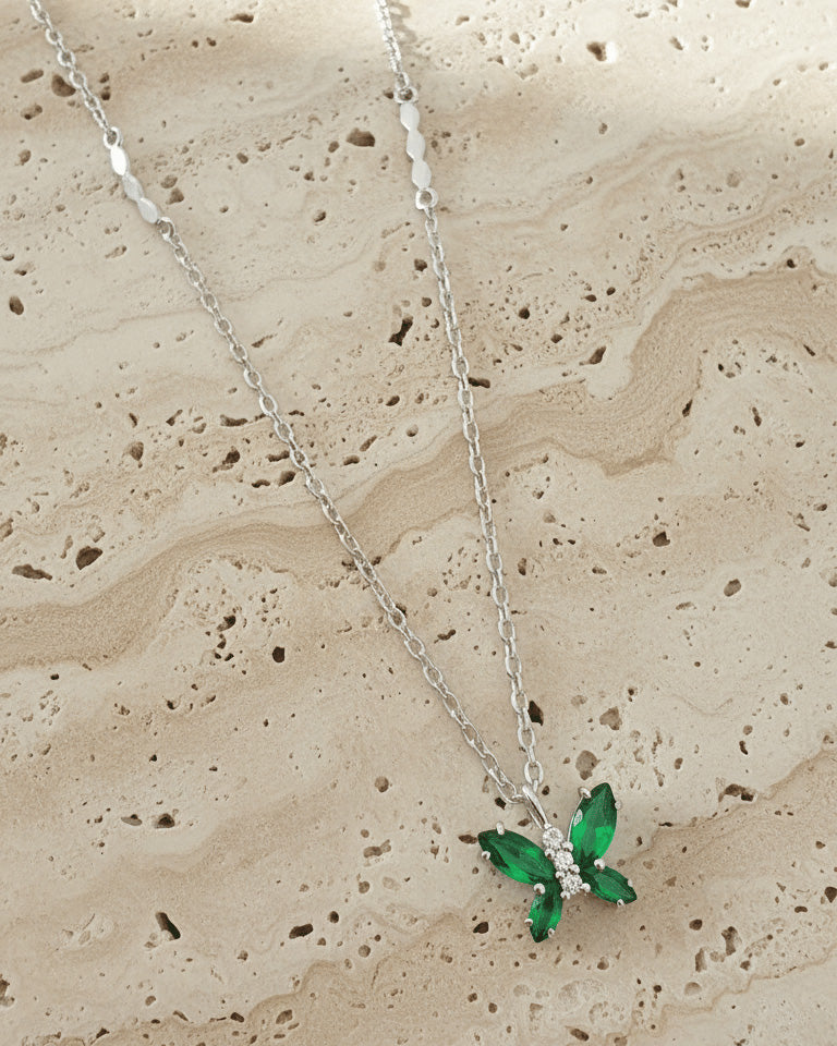 Sterling Silver Marquise Emerald Color Stones Butterfly Necklace