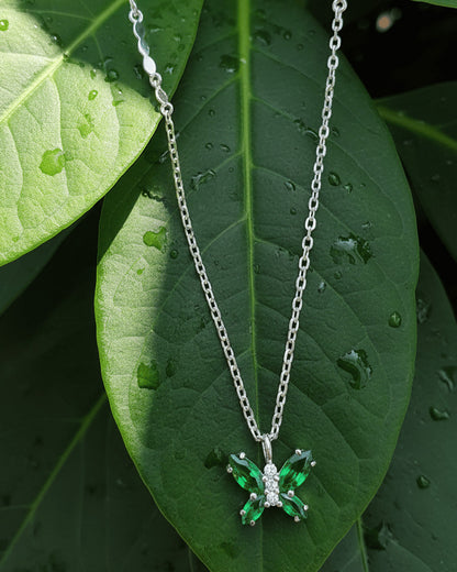 Sterling Silver Marquise Emerald Color Stones Butterfly Necklace