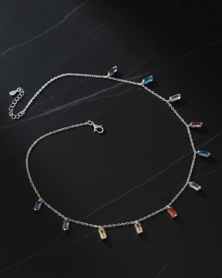 Sterling Silver Multicolor Baguette CZ Charm Necklace.