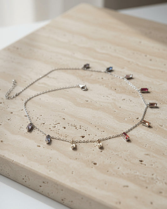 Sterling Silver Multicolor Baguette CZ Charm Necklace.