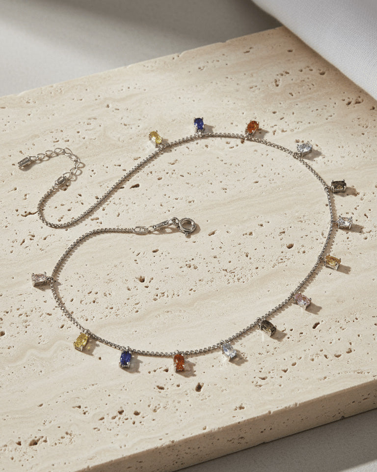 Sterling Silver Faceted Bead Chain Multicolor Baguette CZ Necklace