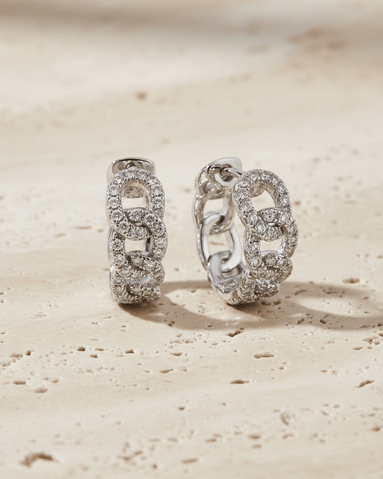 Sterling Silver Pavé CZ Chain Link Hoop Earrings