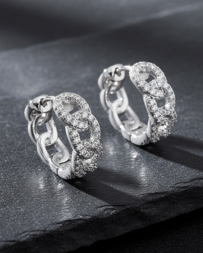 Sterling Silver Pavé CZ Chain Link Hoop Earrings