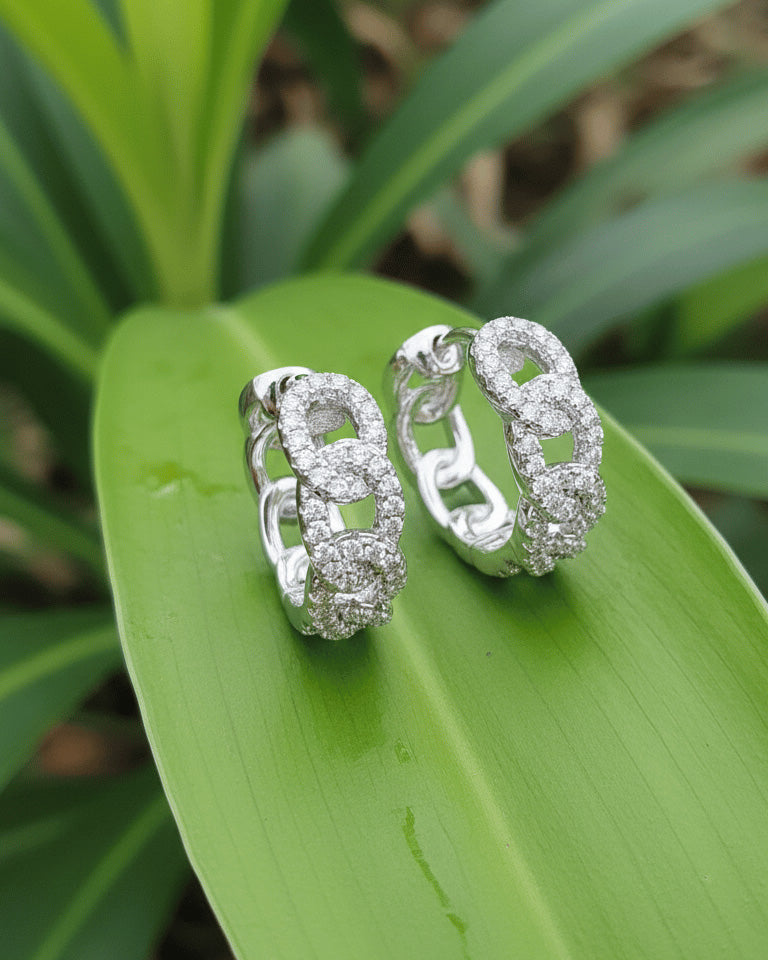 Sterling Silver Pavé CZ Chain Link Hoop Earrings