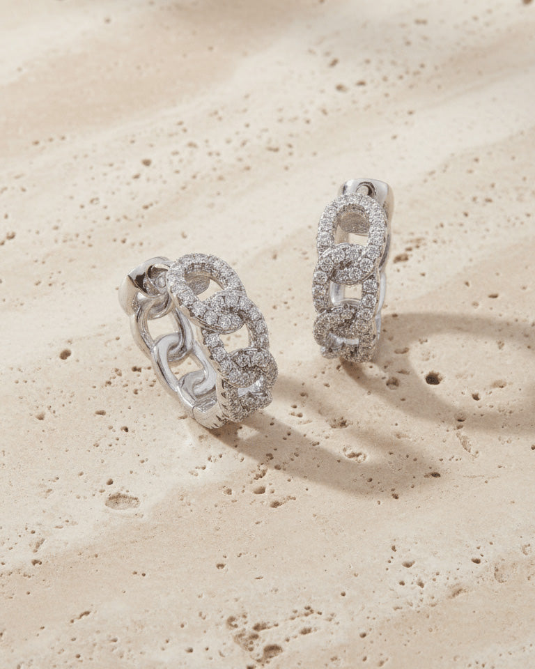 Sterling Silver Pavé CZ Chain Link Hoop Earrings