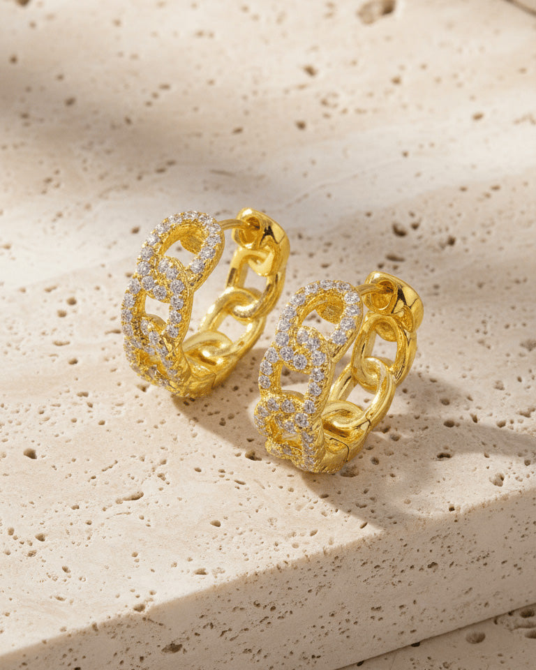 Sterling Silver Pavé CZ Chain Link Hoop Earrings