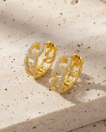Sterling Silver Pavé CZ Chain Link Hoop Earrings