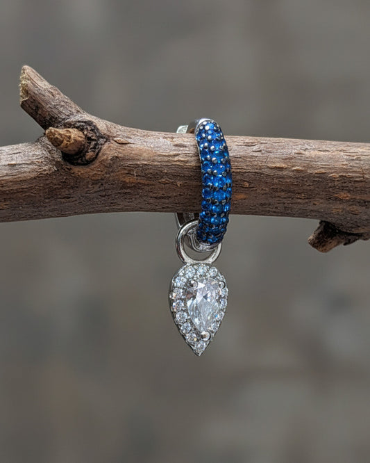 deep blue CZ hoop with a dangling with pear shape.