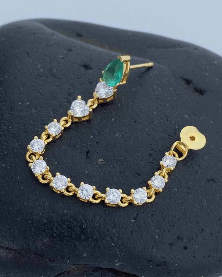 green pear shape with chain stud earring.