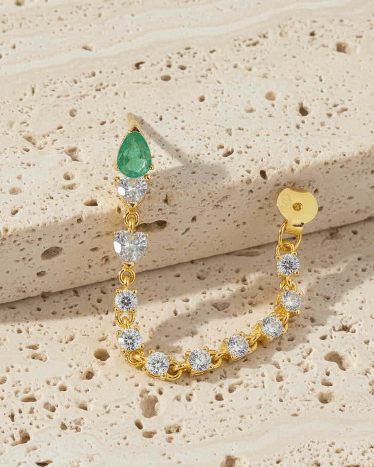 green pear shape with chain stud earring.