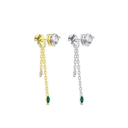 single stone stud earring with back dangling chains.