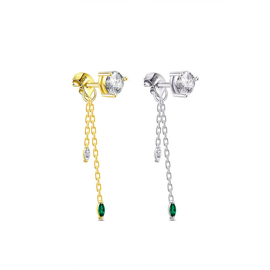 single stone stud earring with back dangling chains.