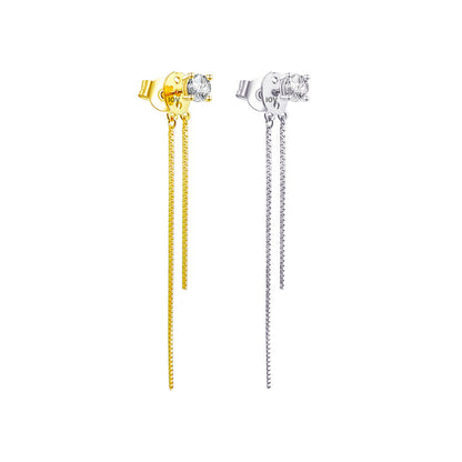 stone stud earring with double dangling box chain.