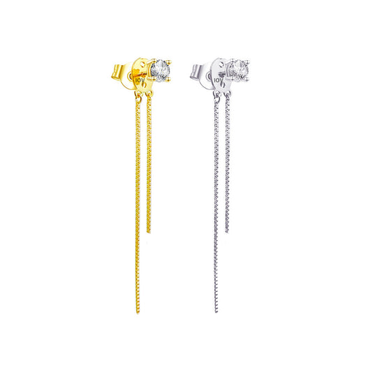 stone stud earring with double dangling box chain.