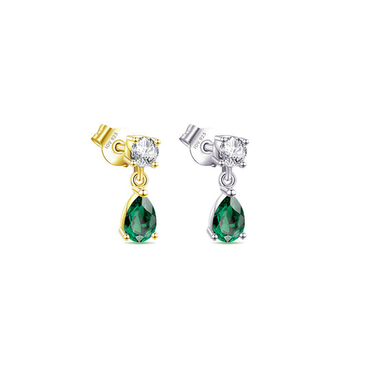 round stone stud earring with dangling emerald color pear shape stone.