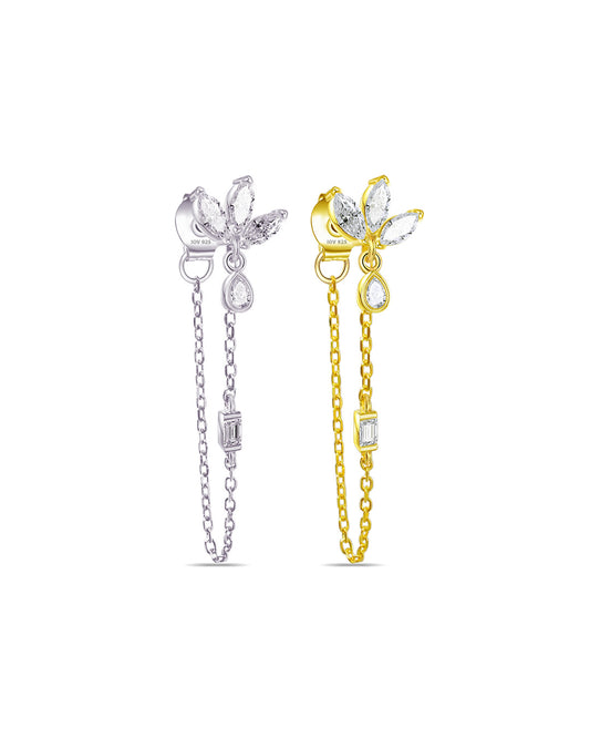 CZ marquise in lotus shape back to front chain earring.