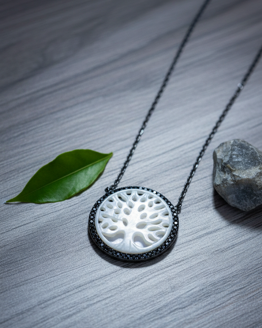 Tree of life necklace with black CZ and plated with black rhodium.