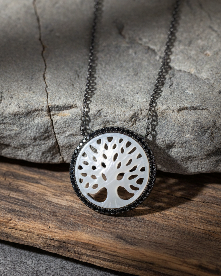Tree of life necklace with black CZ and plated with black rhodium.