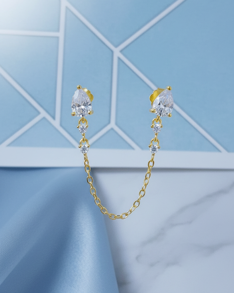 double stud two white CZ pear shapes chain-linked earring.