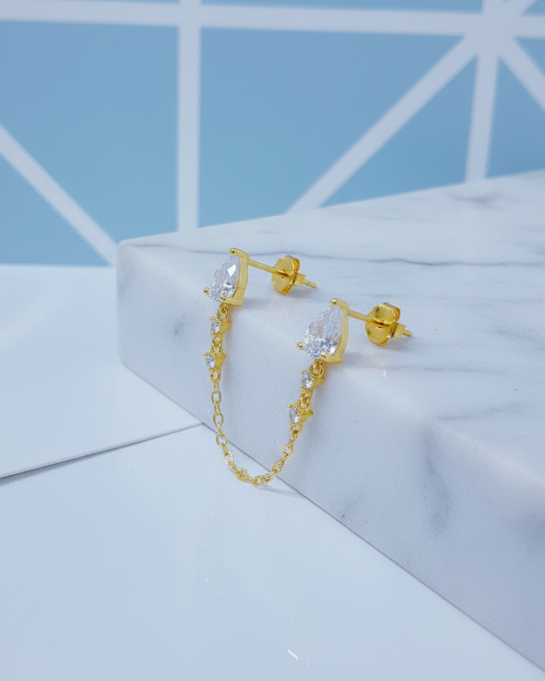 double stud two white CZ pear shapes chain-linked earring.