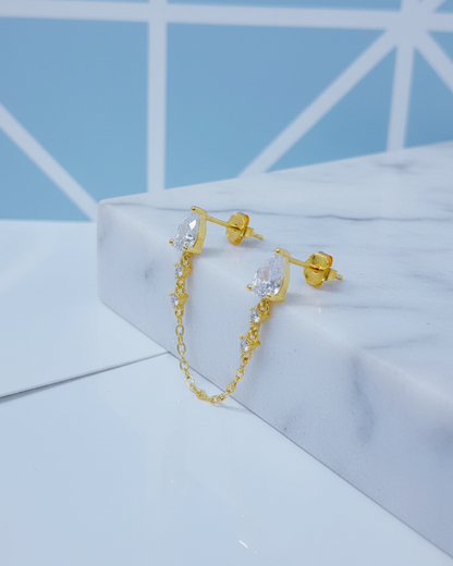 double stud two white CZ pear shapes chain-linked earring.