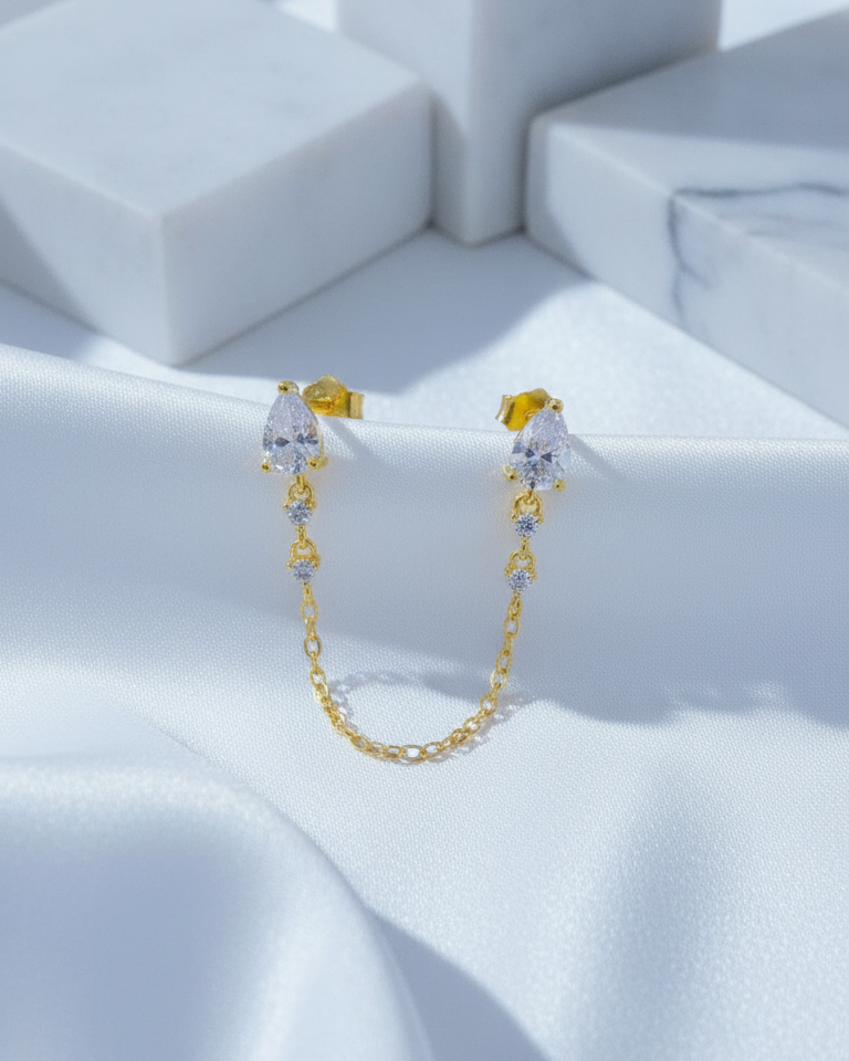 double stud two white CZ pear shapes chain-linked earring.