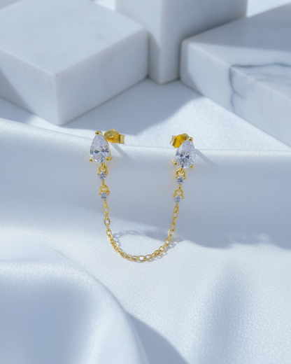double stud two white CZ pear shapes chain-linked earring.