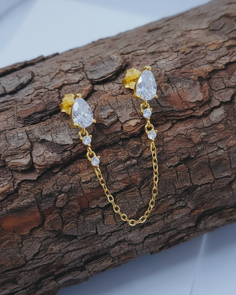 double stud two white CZ pear shapes chain-linked earring.