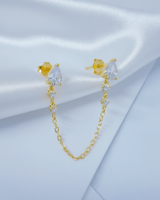 double stud two white CZ pear shapes chain-linked earring.