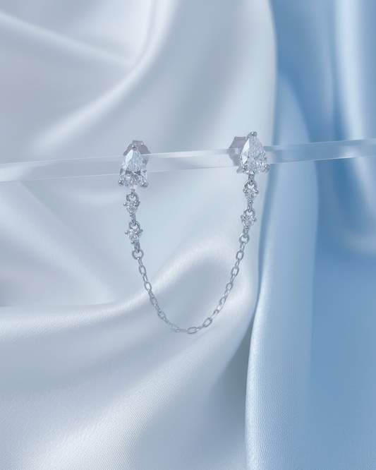 double stud two white CZ pear shapes chain-linked earring.