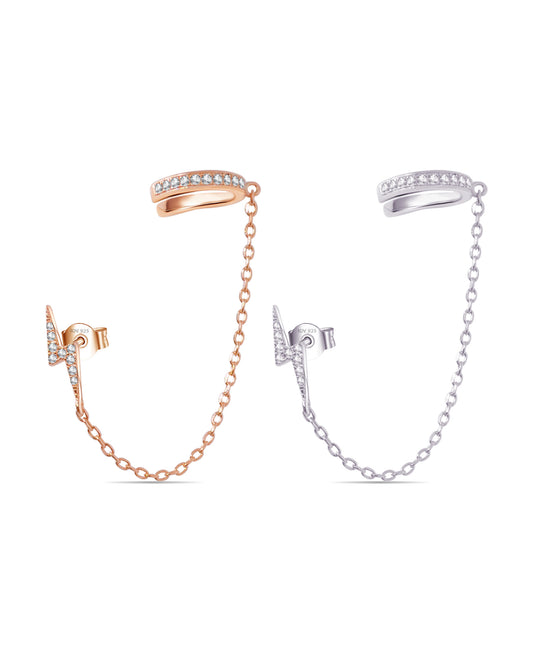 Bolt sign stud earring connected to earcuff.