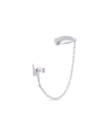 Bolt sign stud earring connected to earcuff.