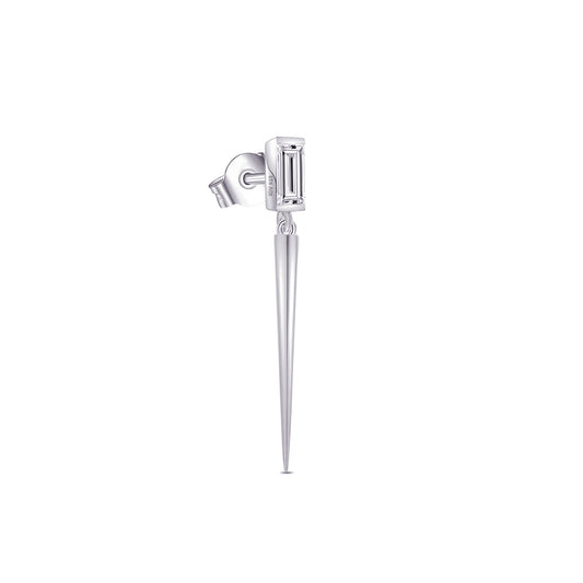 Baguette stone stud earring with dangling cone shape.