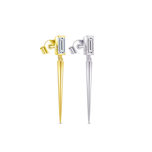 Baguette stone stud earring with dangling cone shape.