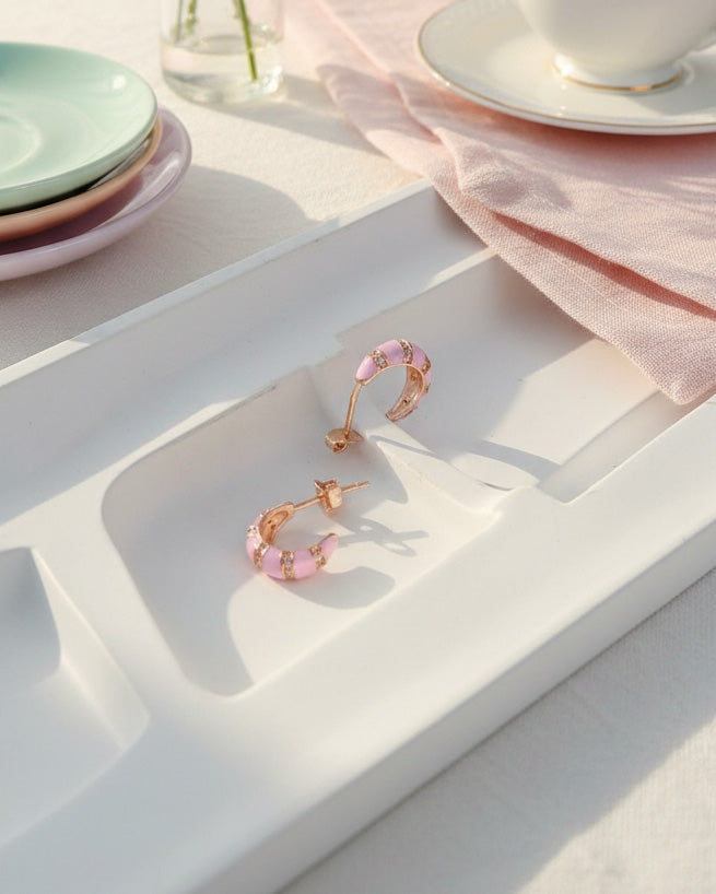 rosegold and pink enamel open hoops stud earrings.