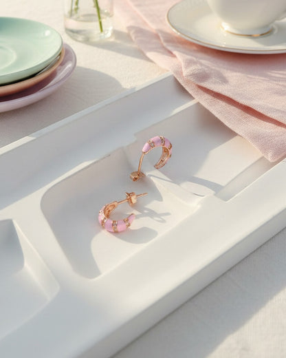 rosegold and pink enamel open hoops stud earrings.