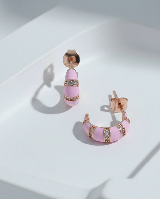 rosegold and pink enamel open hoops stud earrings.