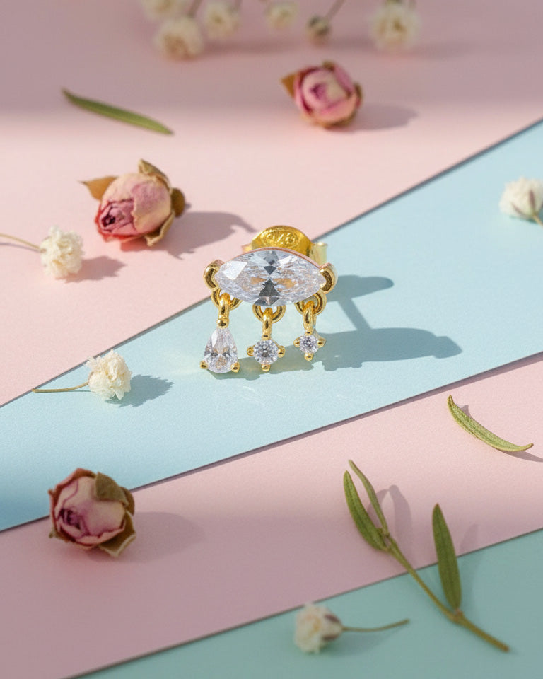 CZ marquise shape with dangling three stones stud earring.