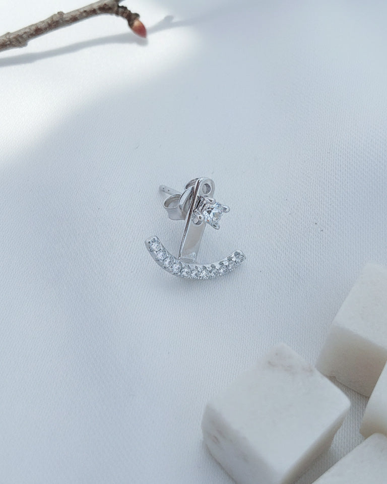 back to front delicate curved line of CZ earring.