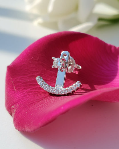 back to front delicate curved line of CZ earring.