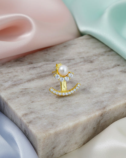 back to front pearl and CZ curved line stud earring.