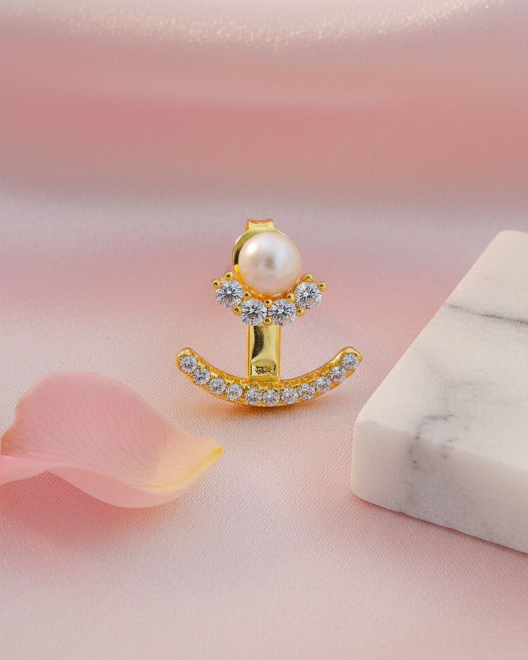 back to front pearl and CZ curved line stud earring.
