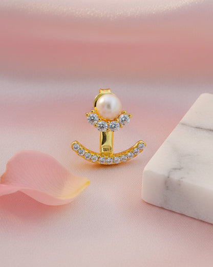 back to front pearl and CZ curved line stud earring.