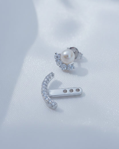 back to front pearl and CZ curved line stud earring.