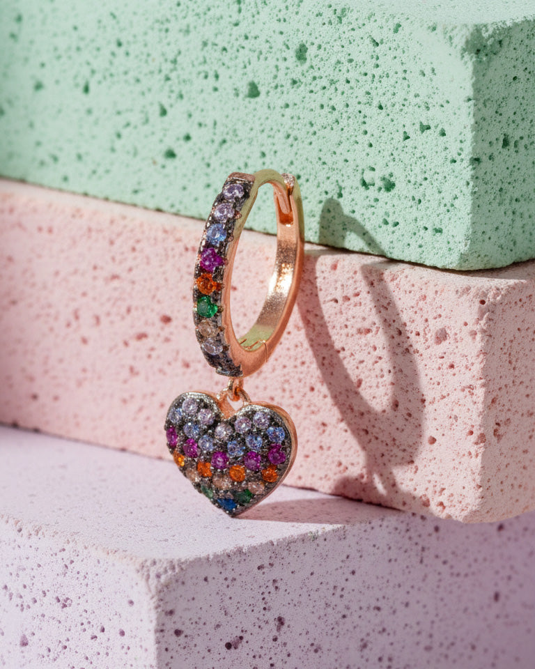 rose gold multi color CZ huggie hoop heart earring.