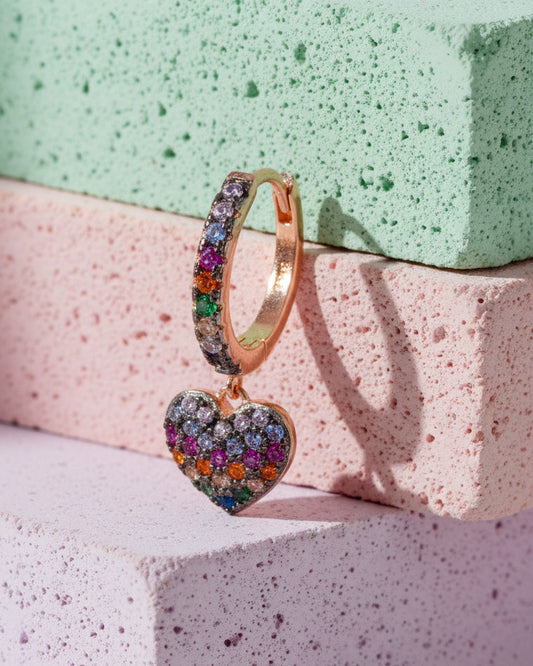 rose gold multi color CZ huggie hoop heart earring.