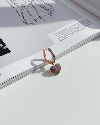 rose gold multi color CZ huggie hoop heart earring.