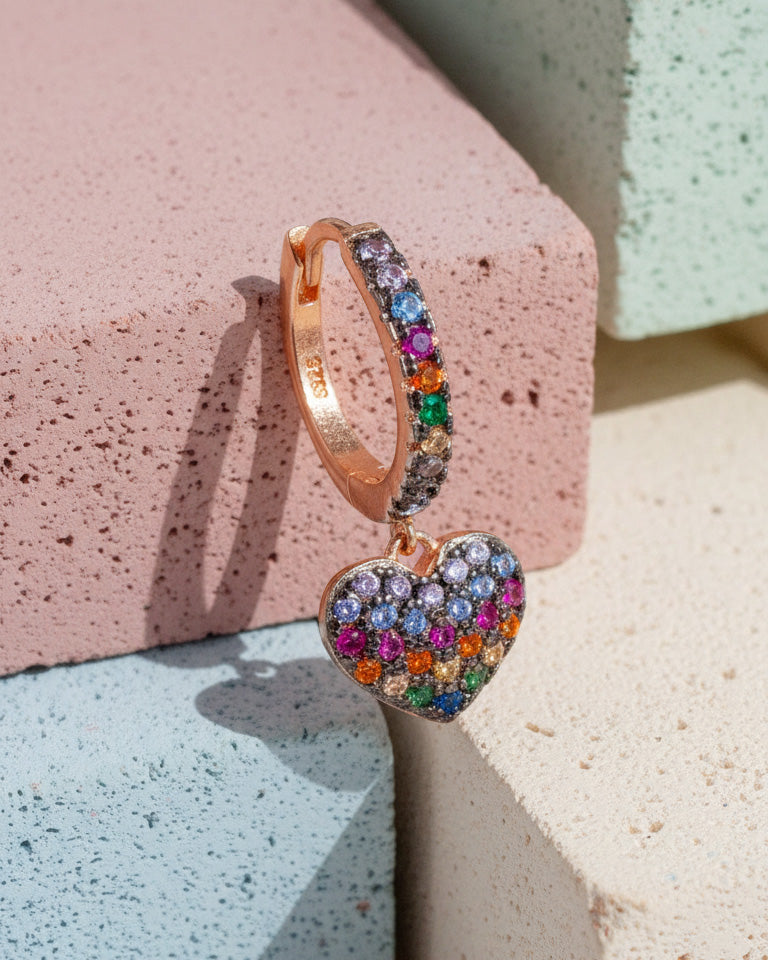 rose gold multi color CZ huggie hoop heart earring.