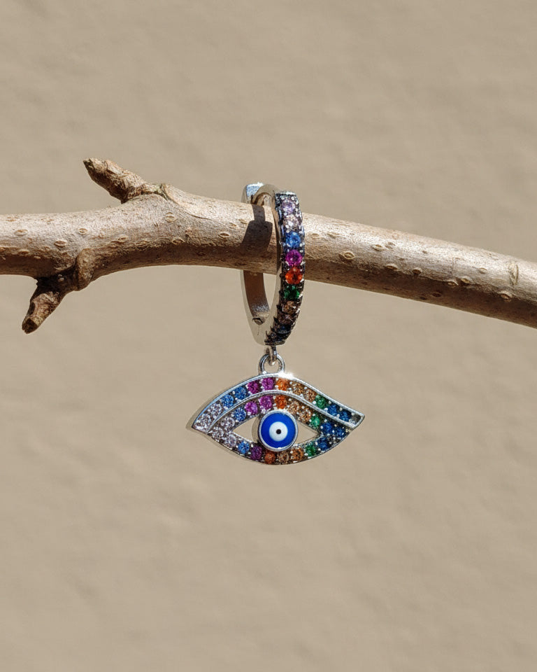 CZ multi color huggie hoop evil-eye earring.