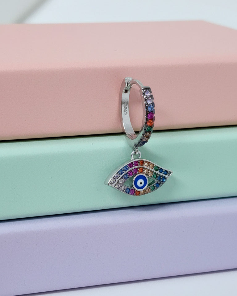 CZ multi color huggie hoop evil-eye earring.